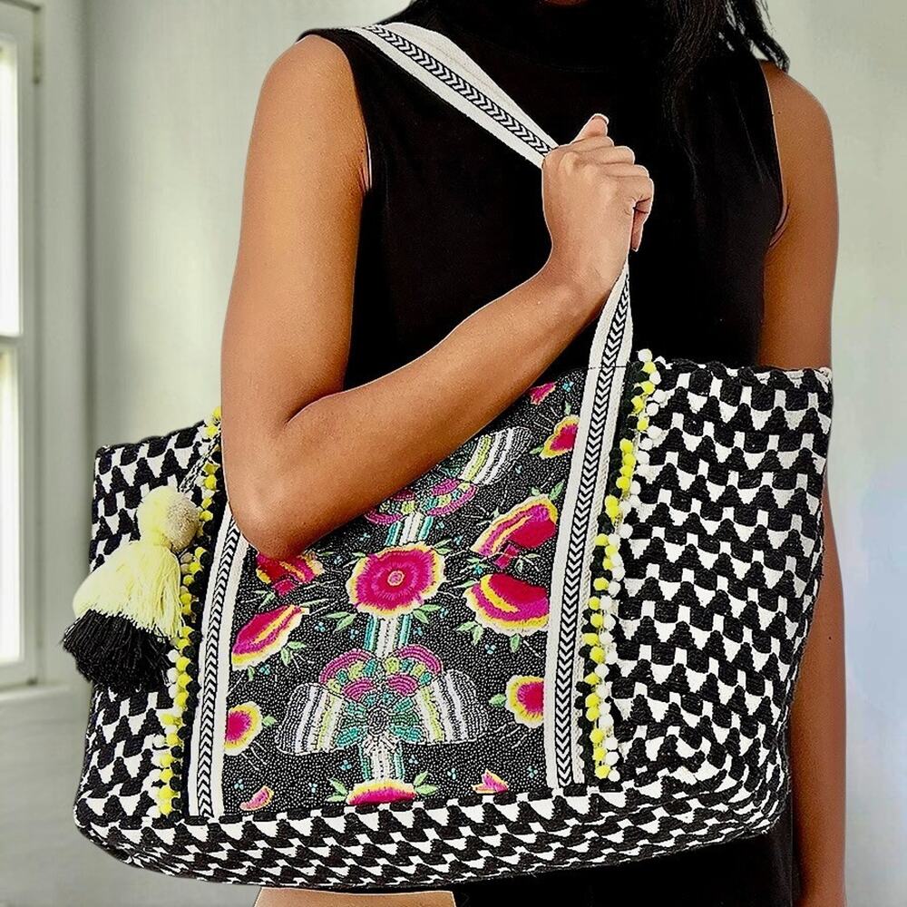 America & Beyond Beaded Tote Bag Embroidered Butterfly Boho Travel Large NWOT